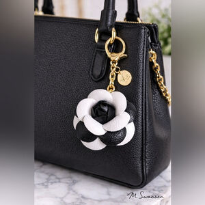 NEW Black and White Vegan Leather Camellia Rose Keychain Bag charm